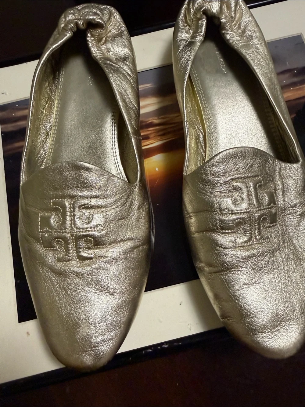 Tory Burch Metallic Gold Leather Slip-On Flats